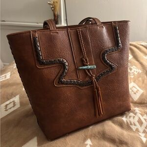 Women’s Brown Leather Tote with Braided Trim and Turquoise Accent